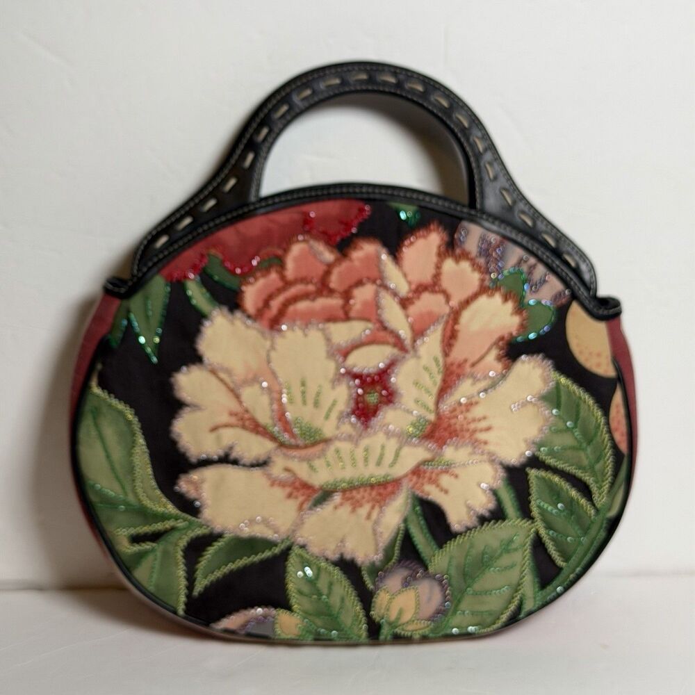 Isabella Fiore Floral Beaded Handbag Black Tapestry Purse Leather Handles